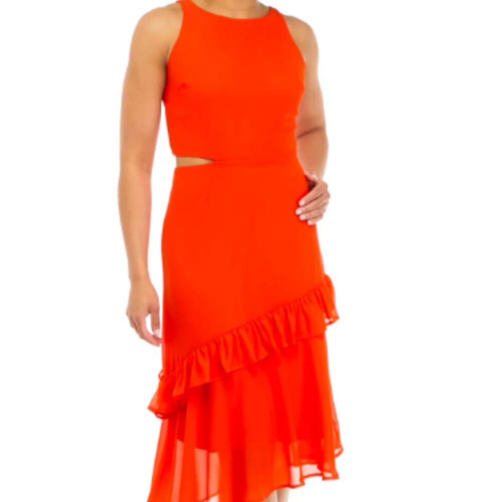 Sam Edelman NWT Side Cut Out Asymmetrical Hem Ruffle Dress, Red Coral - Size 2